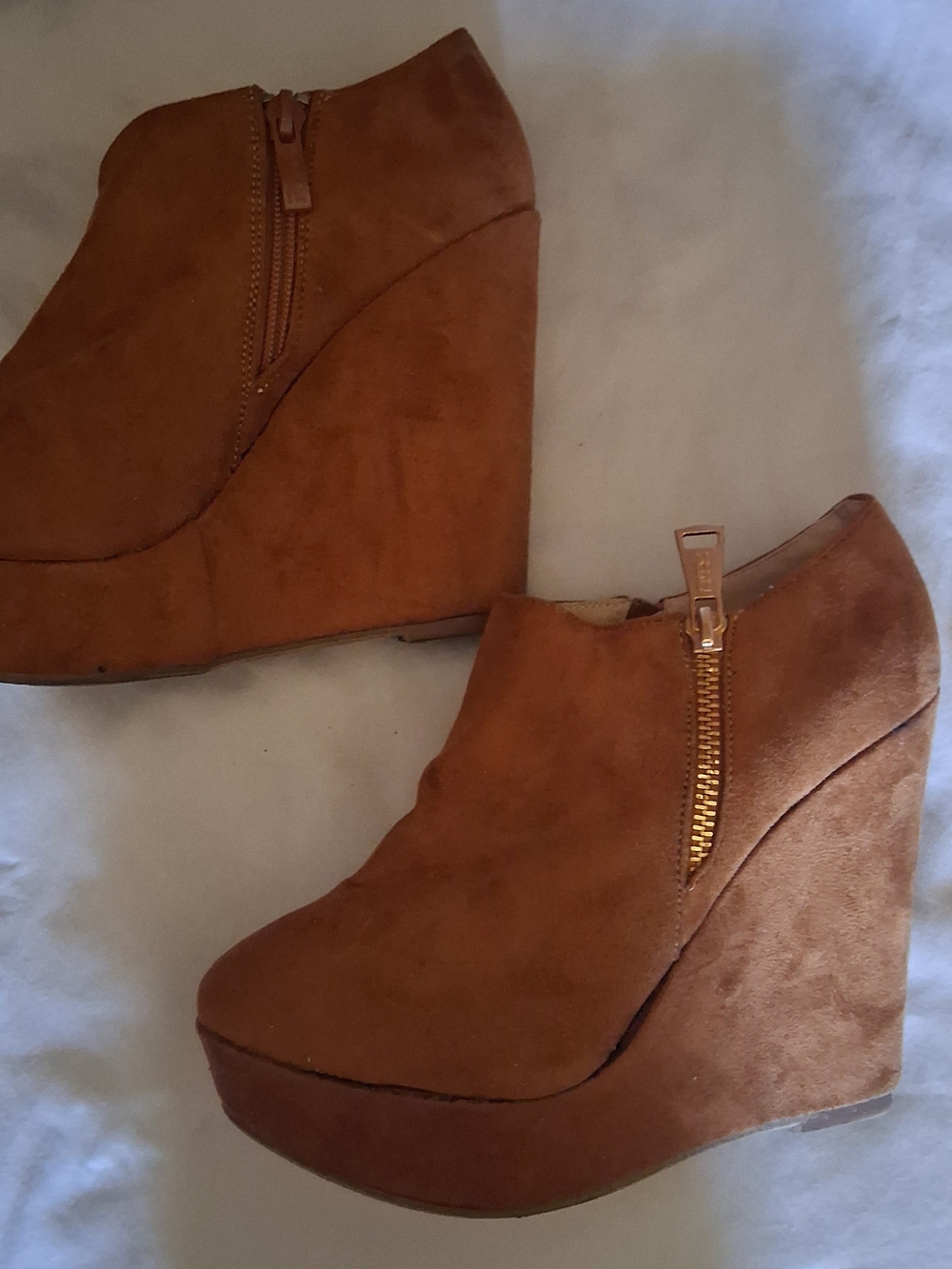 Womens Tan Suede Wedge Ankle Booties with Side Zip